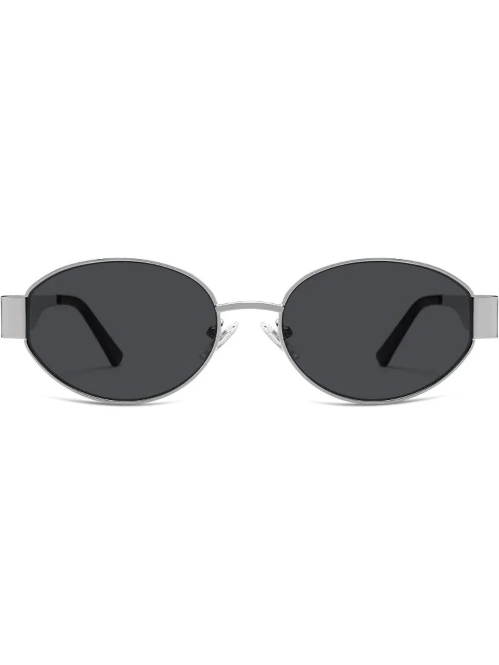 Women's Shiny Silver Grey Lens Oval Trendy Shades UV400 Protection Sunglasses